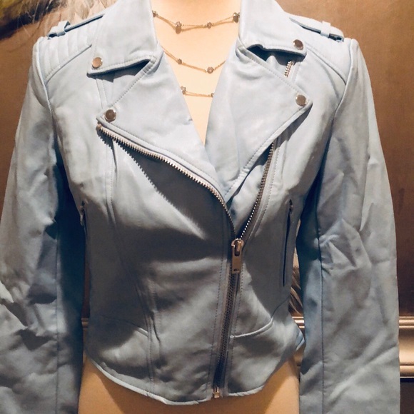 Faux Blue Leather Zip Motorcycle Audition Jacket - Picture 2 of 7